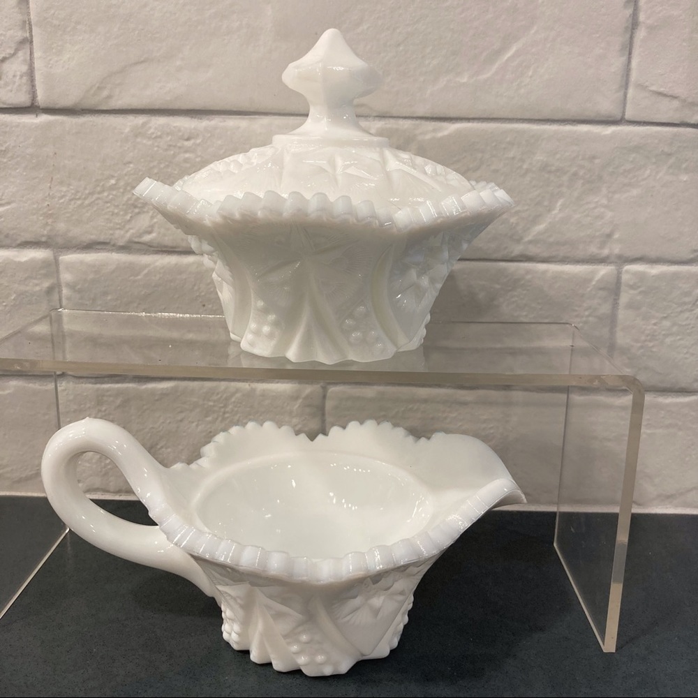 Vintage Kemple milk glass set sugar creamer cut glass set - Picture 4 of 14